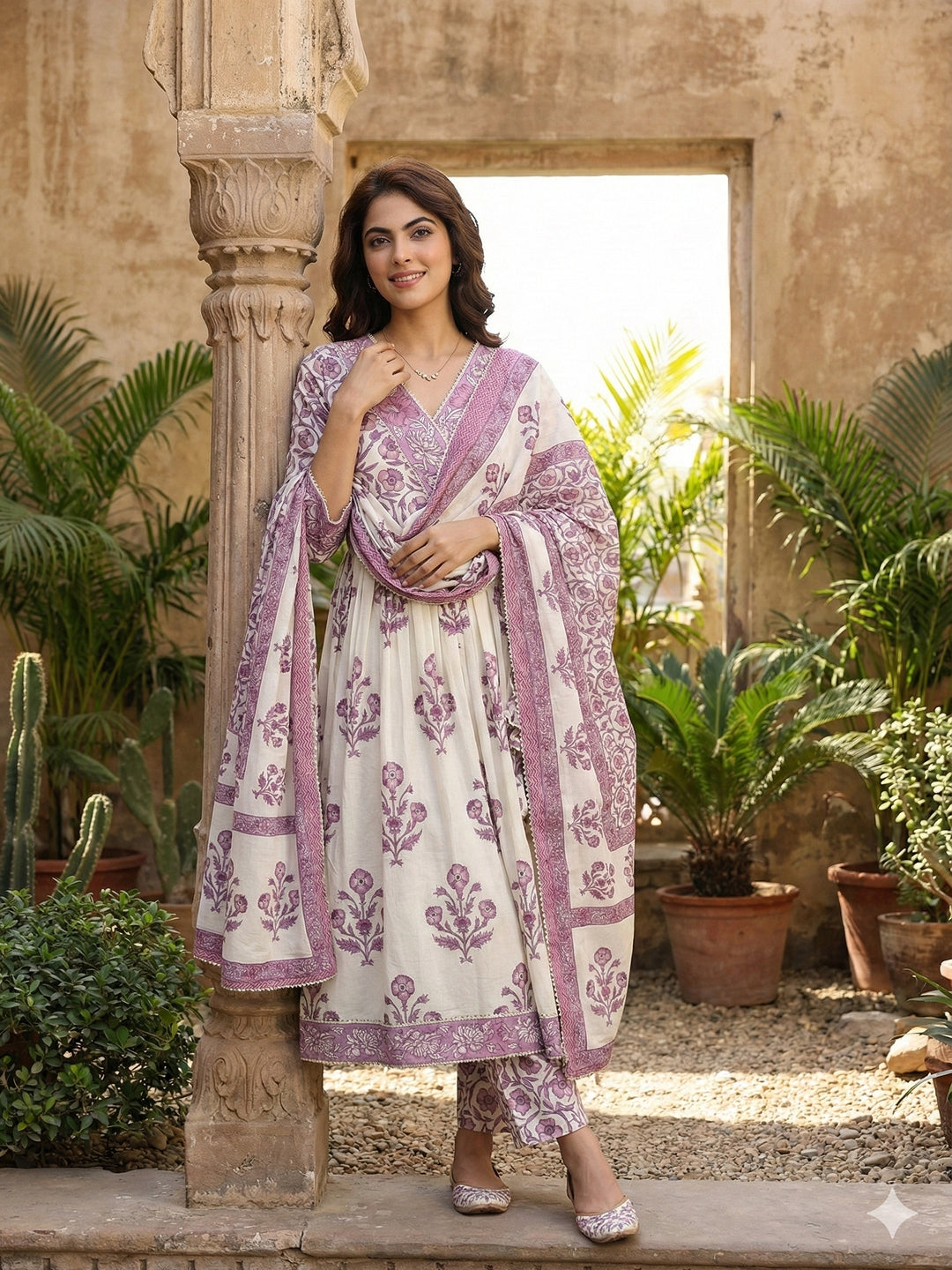 Jaitpuriya Purple And Off White Pure Cotton Anarkali Gathered or Pleated Kurta Set