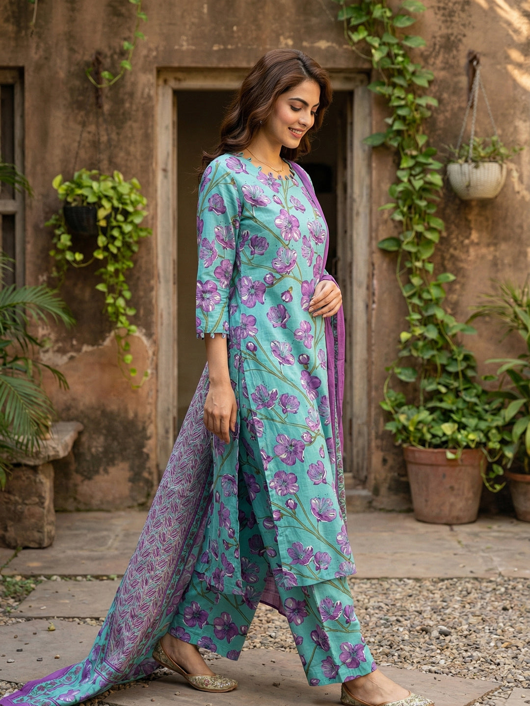 Jaitpuriya Turquesa And Purple Pure Cotton Straight Regular Kurta Set