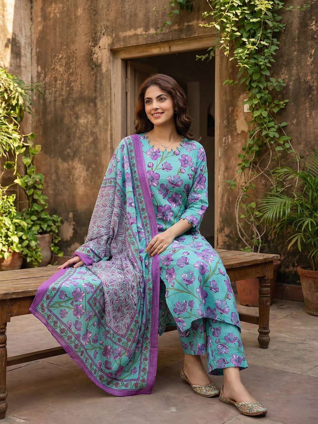 Jaitpuriya Turquesa And Purple Pure Cotton Straight Regular Kurta Set