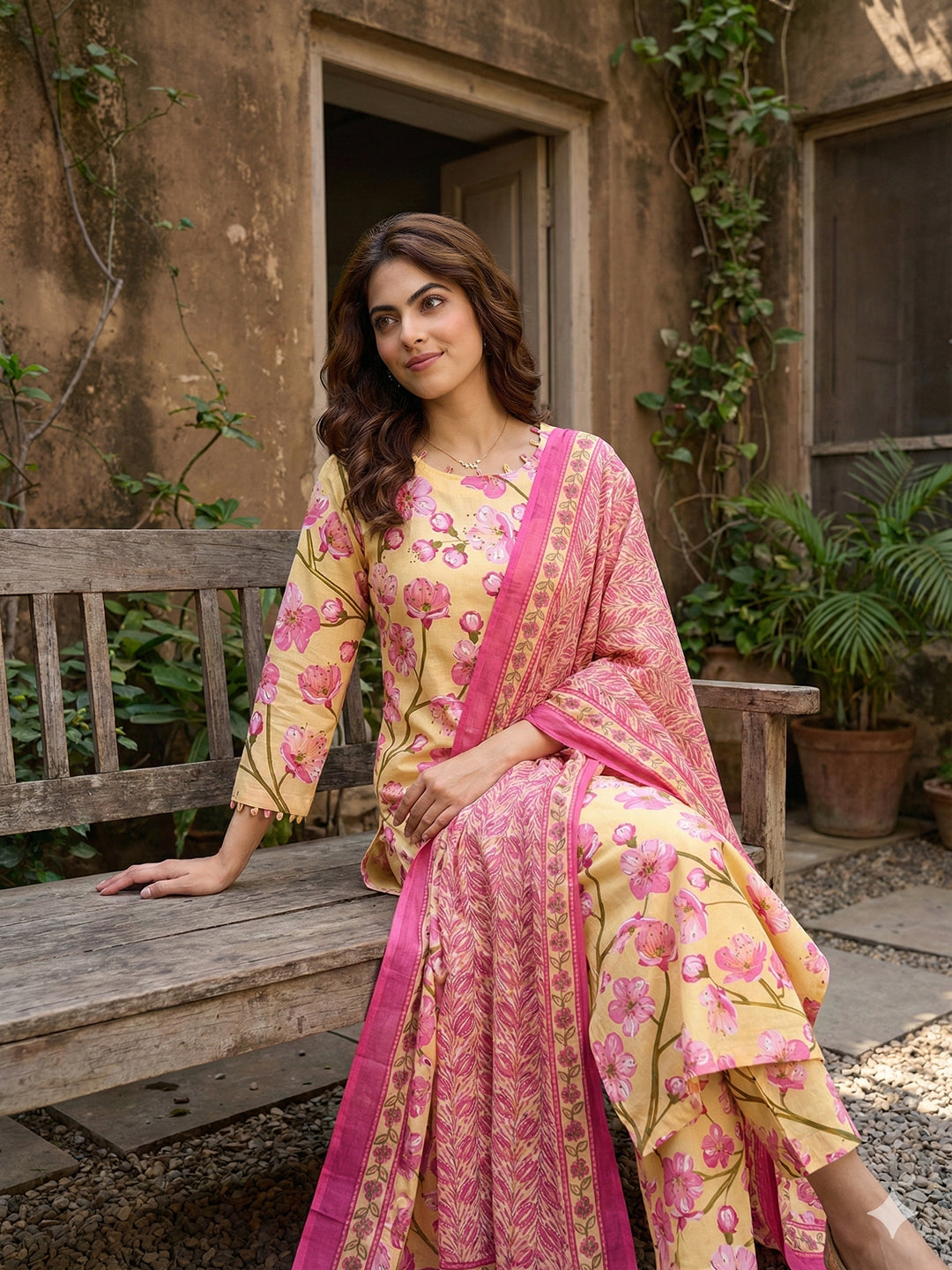 Jaitpuriya Yellow And Pink Pure Cotton Straight Regular Kurta Set