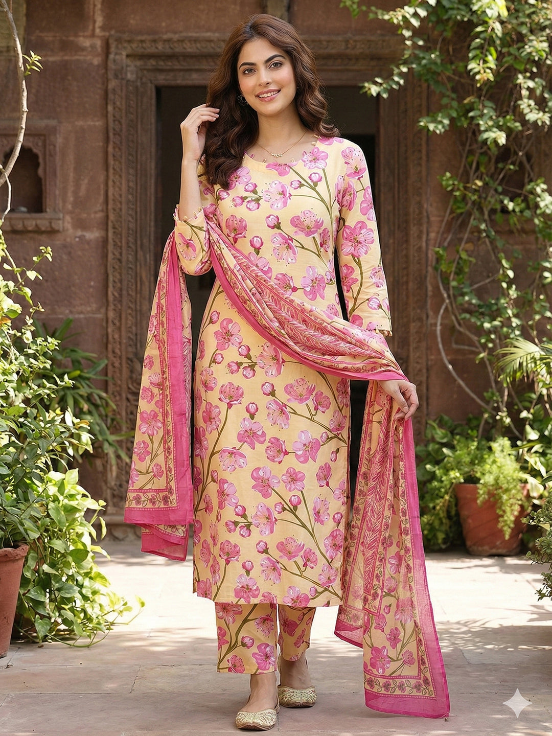 Jaitpuriya Yellow And Pink Pure Cotton Straight Regular Kurta Set