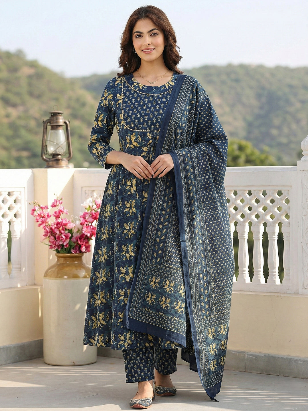 Jaitpuriya Blue Pure Cotton Anarkali Regular Kurta Set