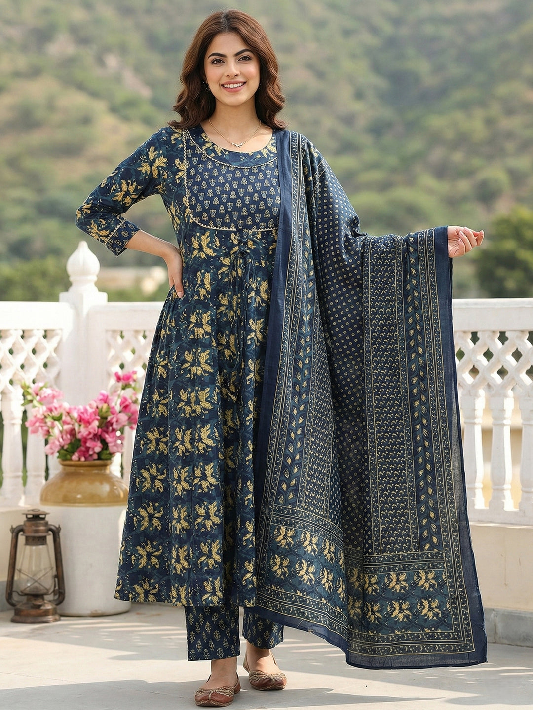 Jaitpuriya Blue Pure Cotton Anarkali Regular Kurta Set