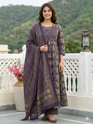 Jaitpuriya Purple Pure Cotton Anarkali Regular Kurta Set