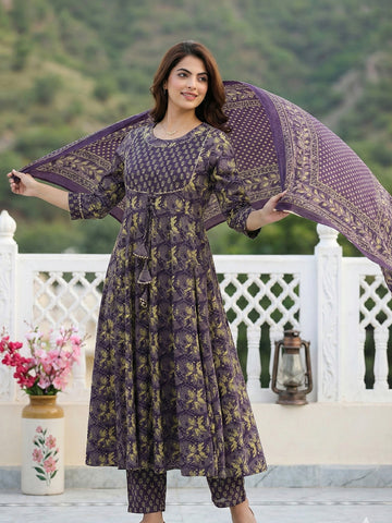Jaitpuriya Purple Pure Cotton Anarkali Regular Kurta Set