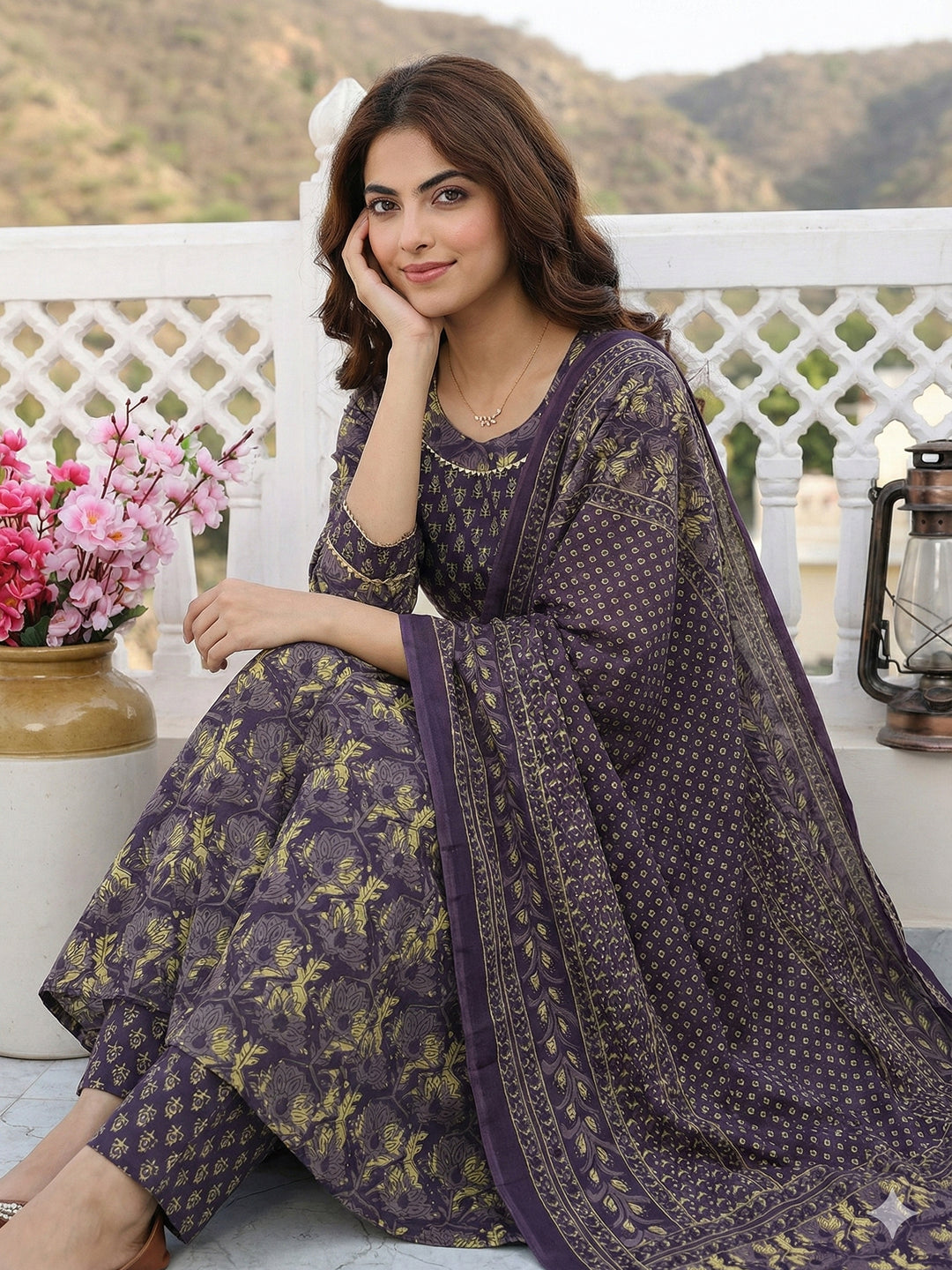 Jaitpuriya Purple Pure Cotton Anarkali Regular Kurta Set
