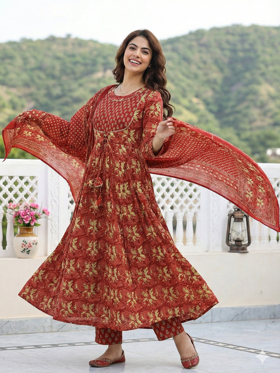 Jaitpuriya Red Pure Cotton Anarkali Regular Kurta Set