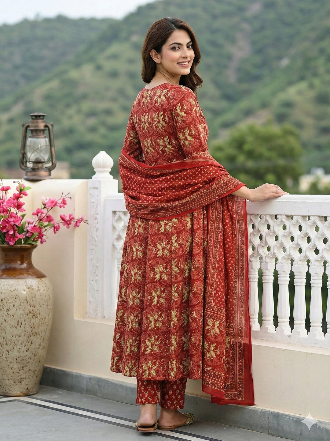 Jaitpuriya Red Pure Cotton Anarkali Regular Kurta Set