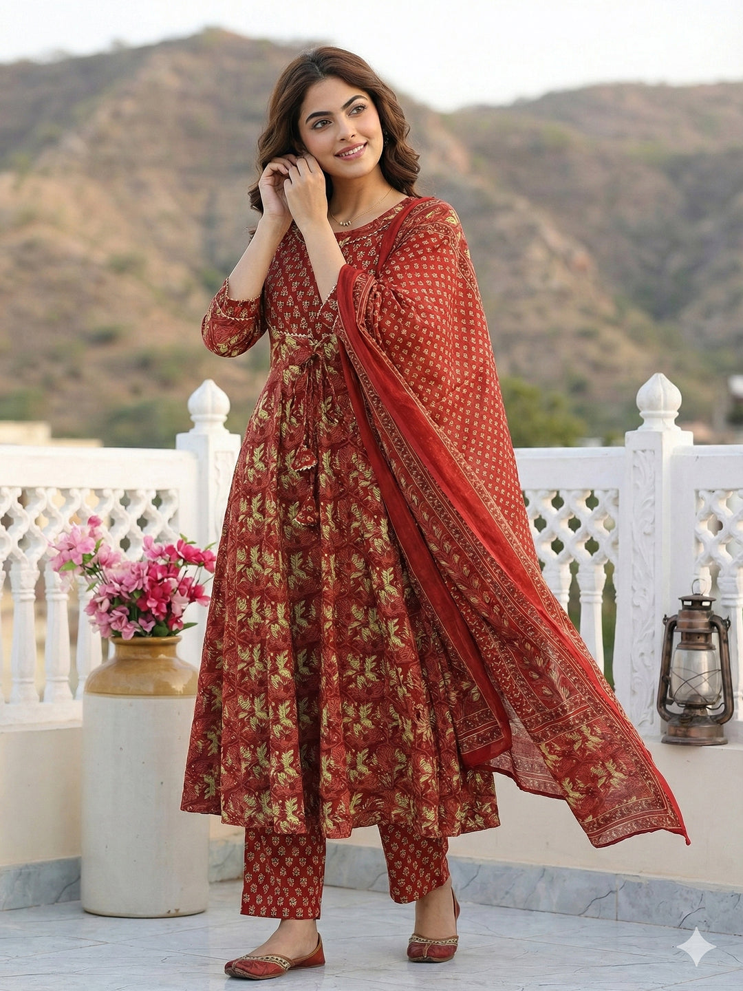 Jaitpuriya Red Pure Cotton Anarkali Regular Kurta Set