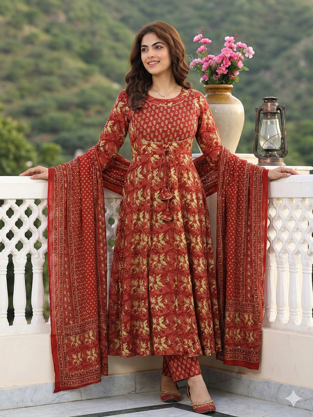 Jaitpuriya Red Pure Cotton Anarkali Regular Kurta Set