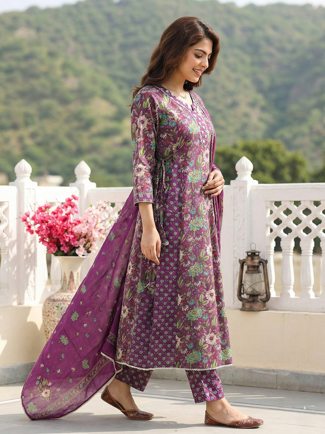 Jaitpuriya Purple And Green Pure Cotton Anarkali Regular Kurta Set