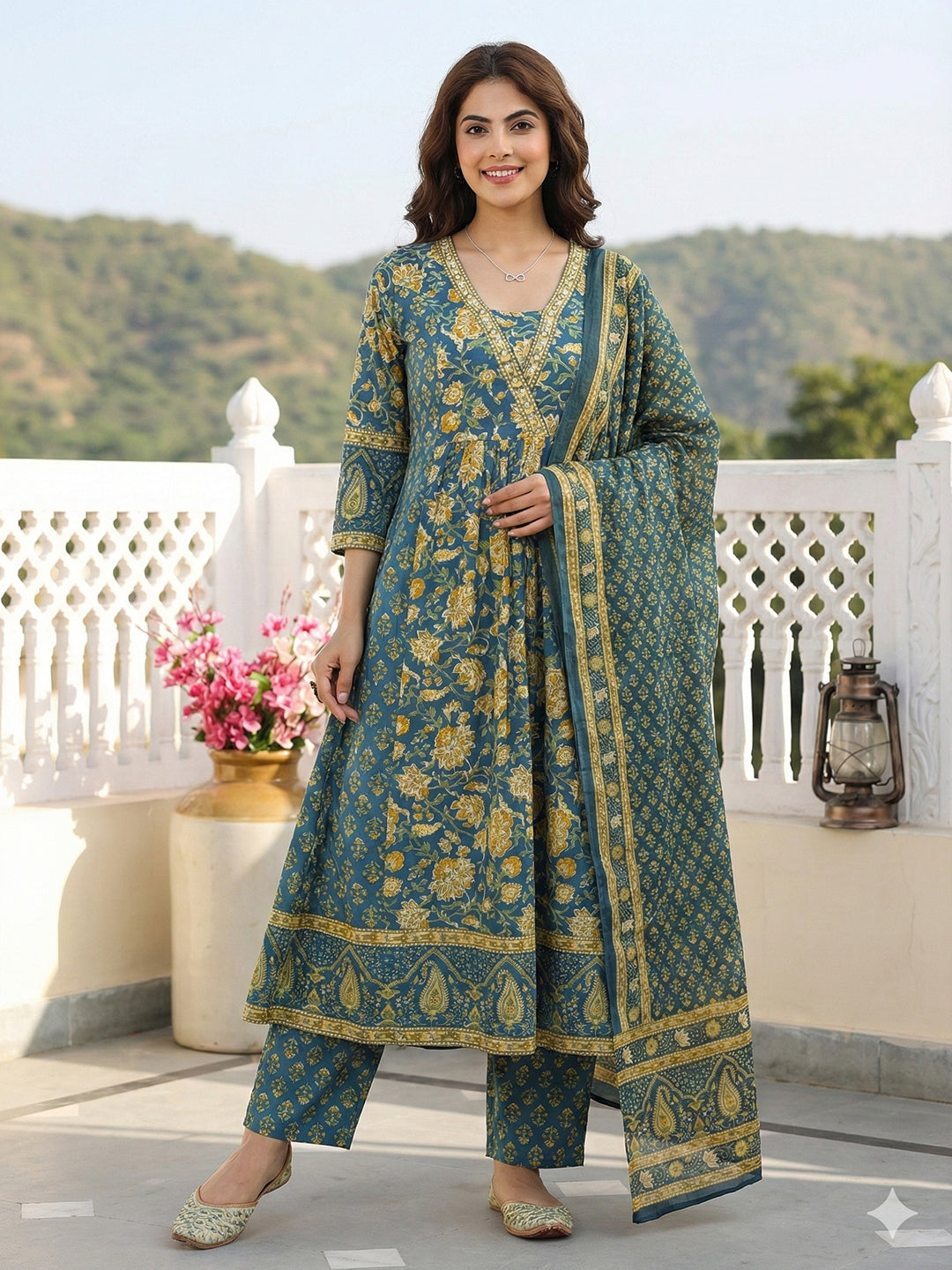 Jaitpuriya Green Pure Cotton A-line Regular Kurta Set
