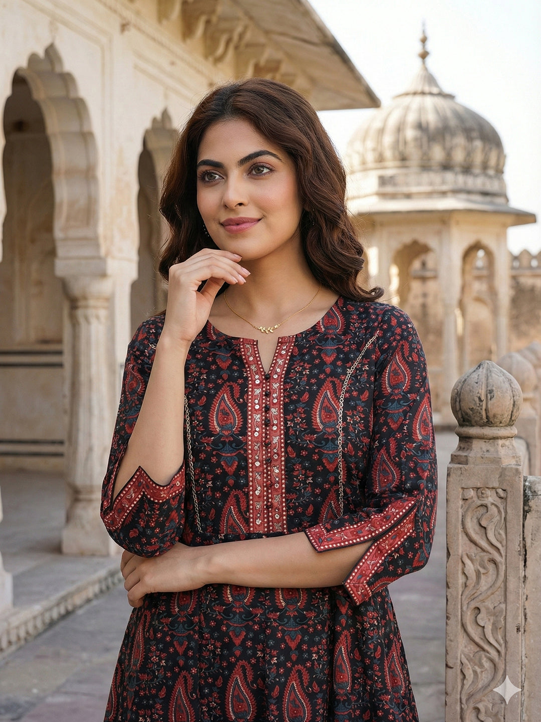 Jaitpuriya Black And Red Pure Cotton Anarkali Regular Kurta Set