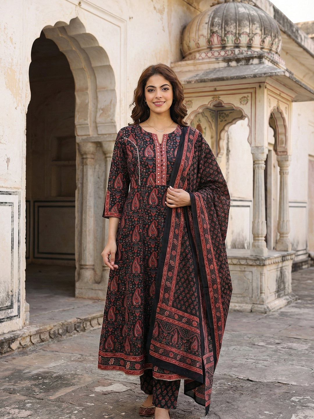 Jaitpuriya Black And Red Pure Cotton Anarkali Regular Kurta Set