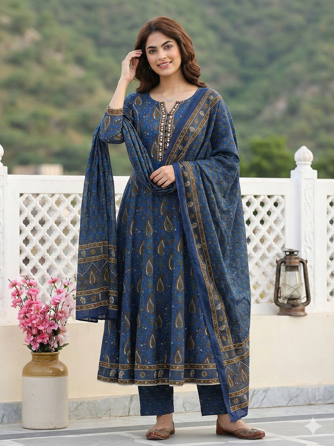 Jaitpuriya Blue And Brown Pure Cotton Anarkali Regular Kurta Set