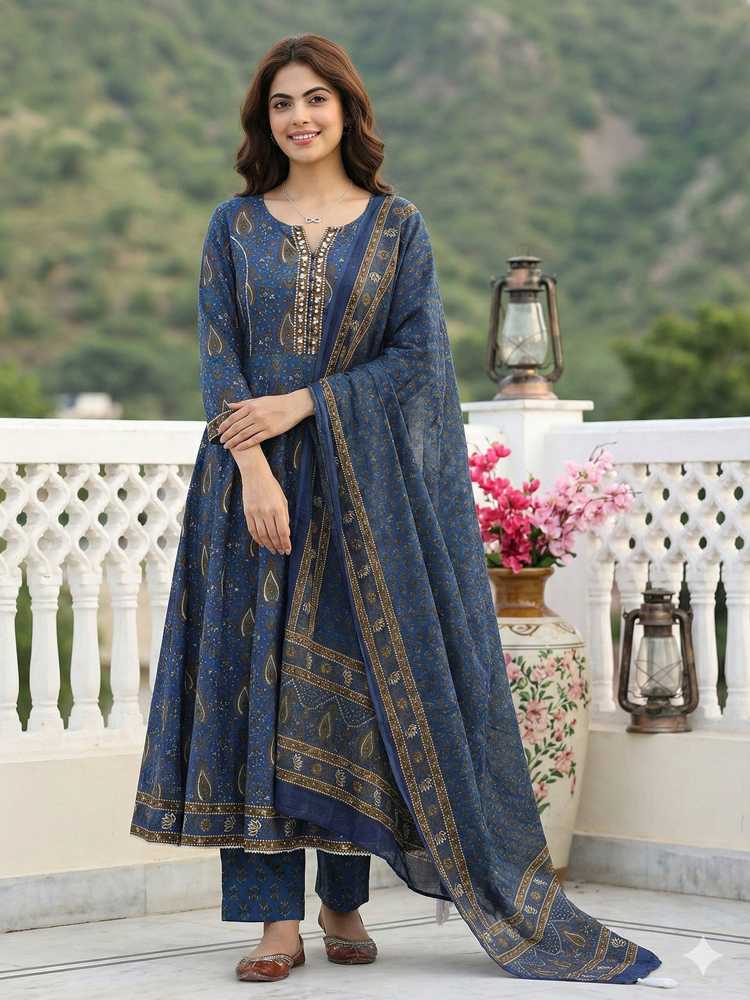 Jaitpuriya Blue And Brown Pure Cotton Anarkali Regular Kurta Set