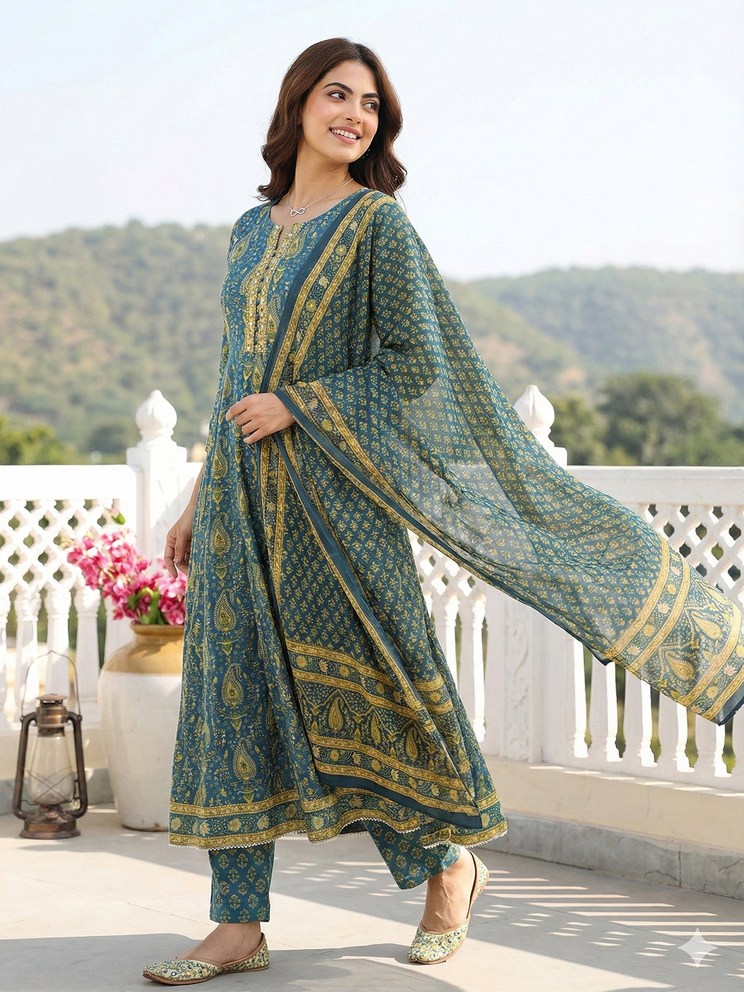 Jaitpuriya Green And Beige Pure Cotton Anarkali Regular Kurta Set