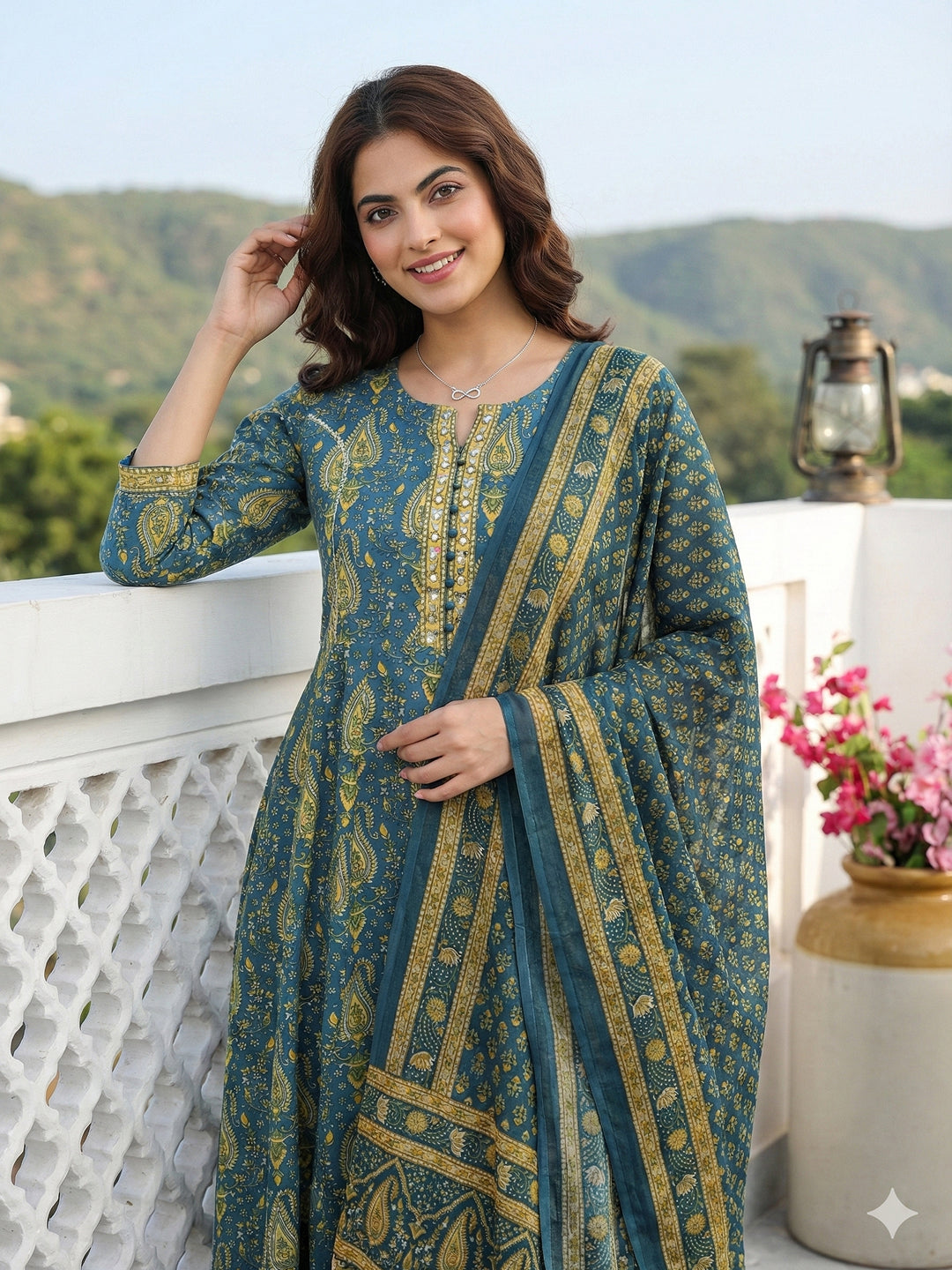 Jaitpuriya Green And Beige Pure Cotton Anarkali Regular Kurta Set