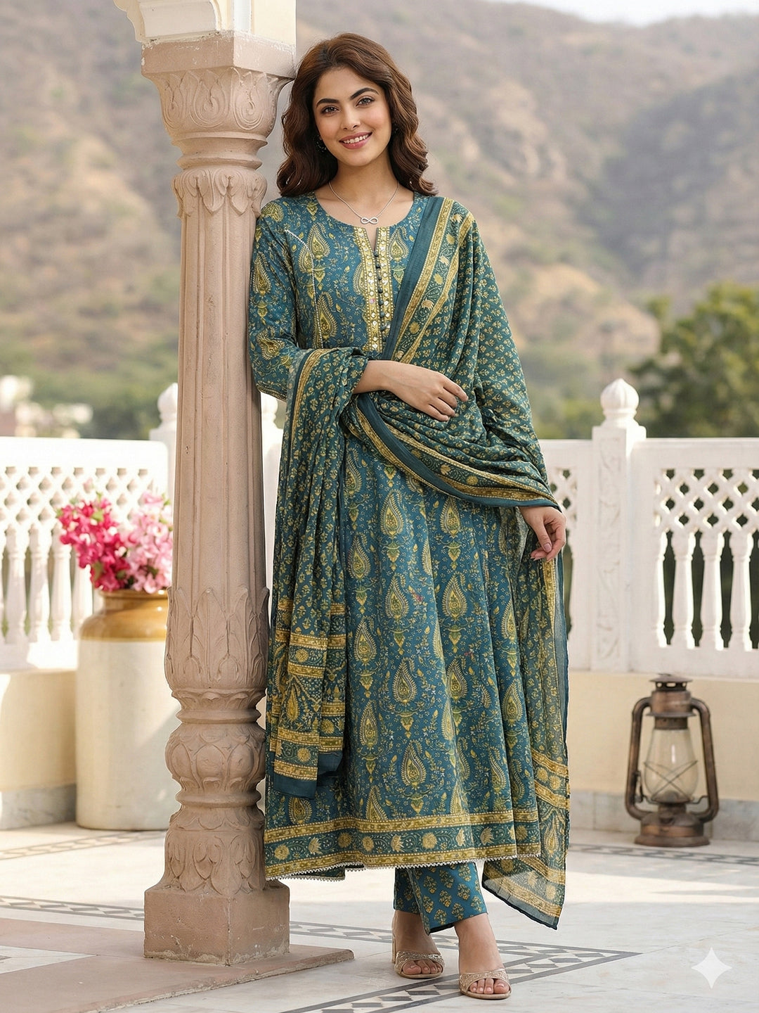 Jaitpuriya Green And Beige Pure Cotton Anarkali Regular Kurta Set