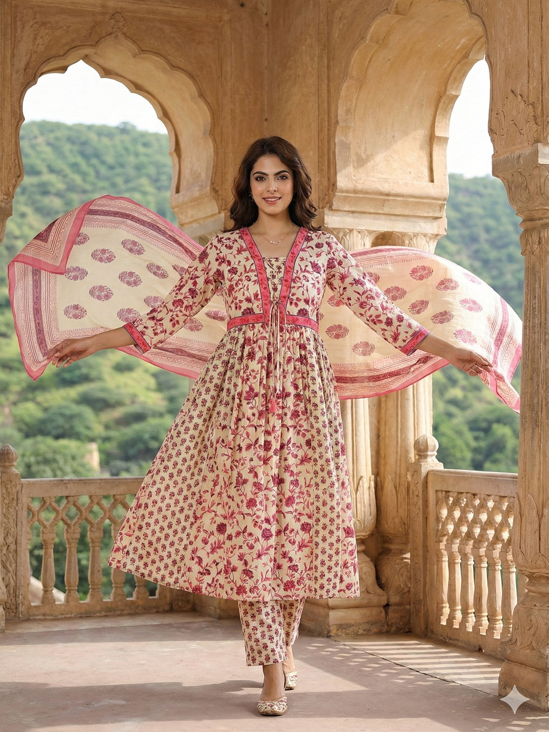 Jaitpuriya Pink And White Pure Cotton Anarkali Pleated Kurta Set