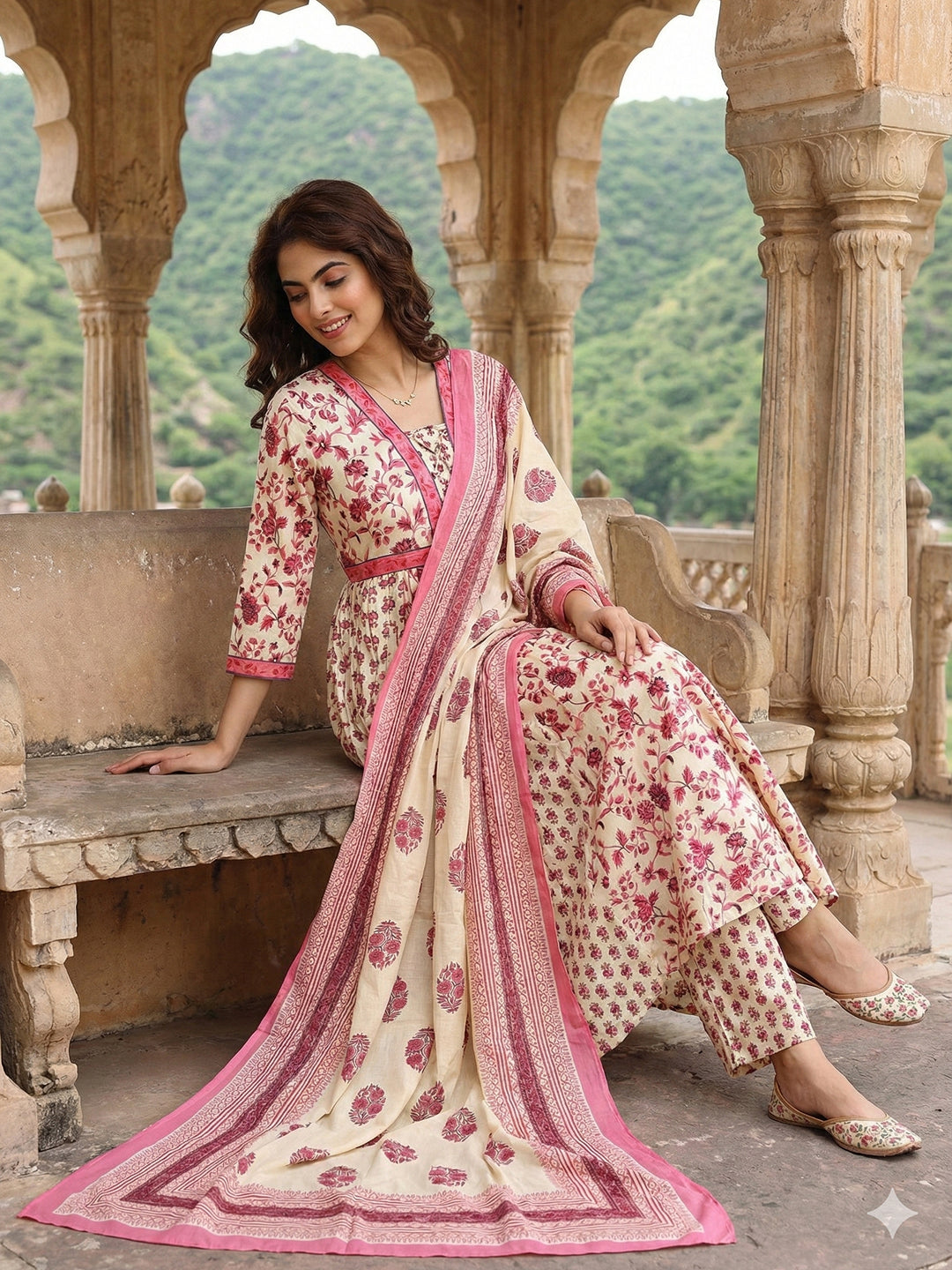 Jaitpuriya Pink And White Pure Cotton Anarkali Pleated Kurta Set