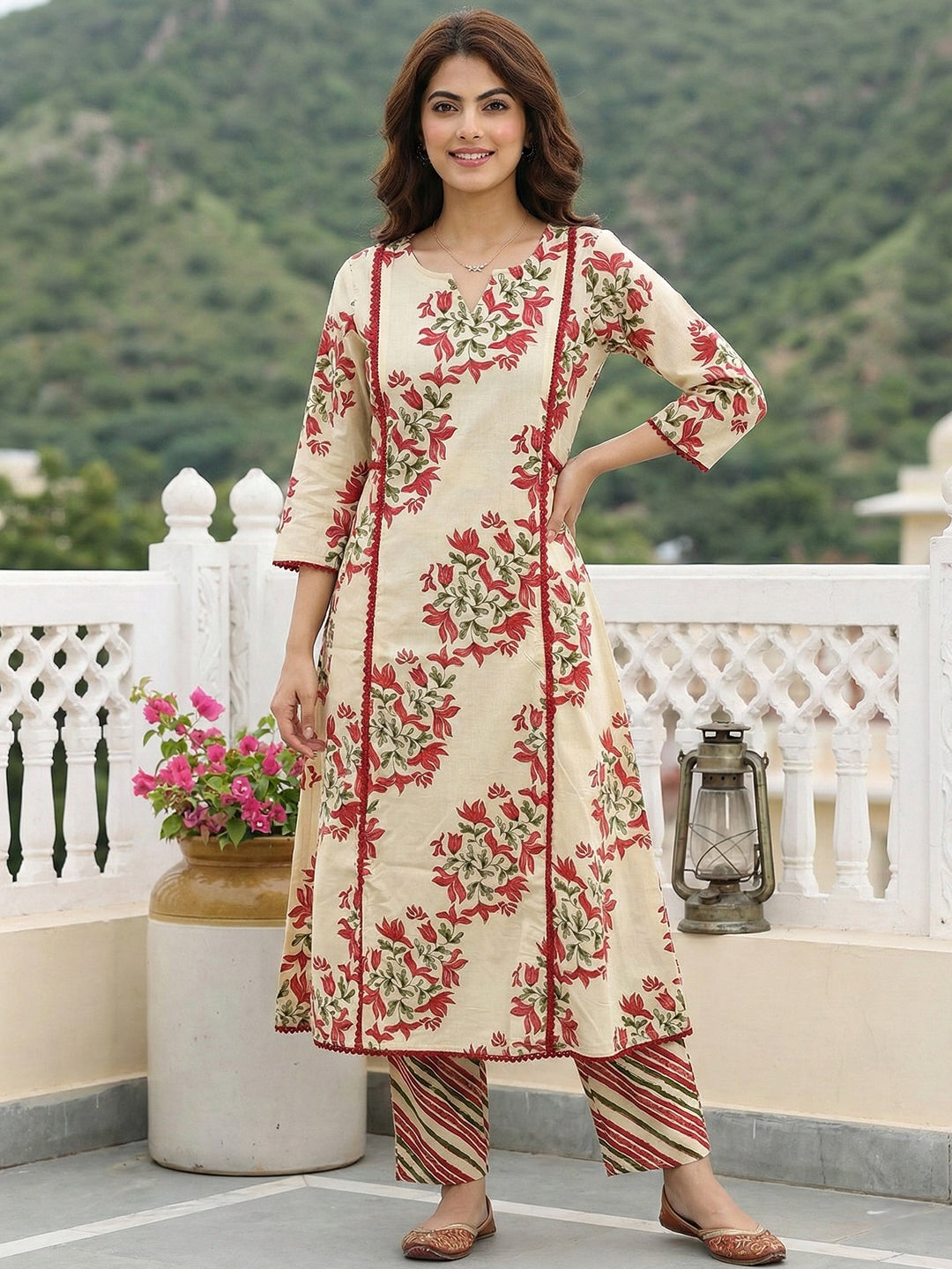 Jaitpuriya Red And Beige Pure Cotton A-line Regular Kurta Set