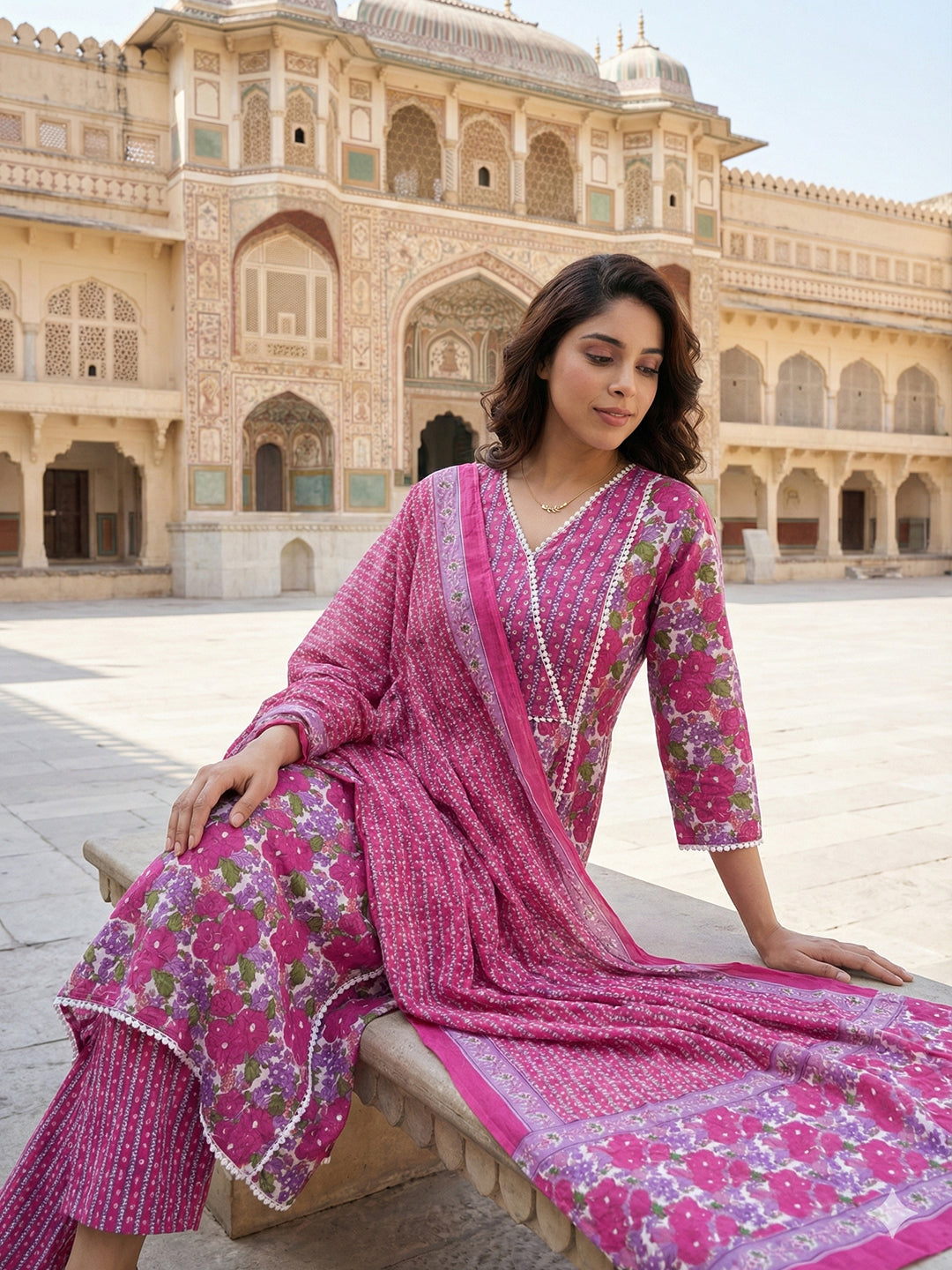 Jaitpuriya Pink And White Pure Cotton Anarkali Angrakha Kurta Set