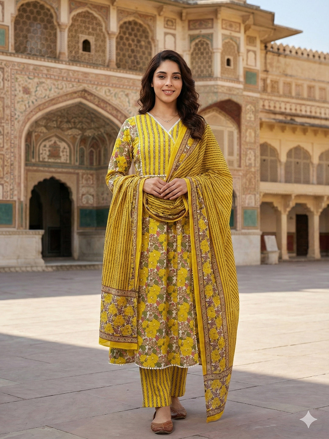 Jaitpuriya Yellow And White Pure Cotton Anarkali Angrakha Kurta Set