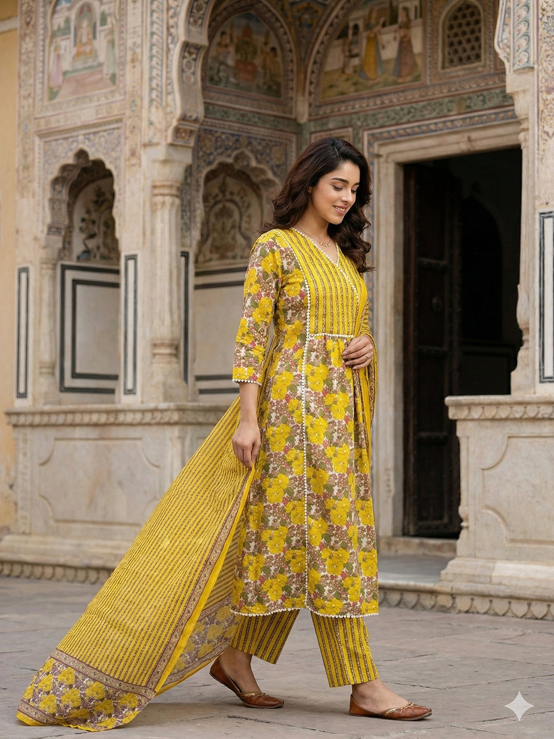 Jaitpuriya Yellow And White Pure Cotton Anarkali Angrakha Kurta Set