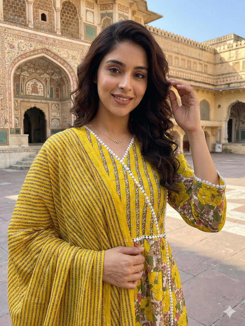 Jaitpuriya Yellow And White Pure Cotton Anarkali Angrakha Kurta Set