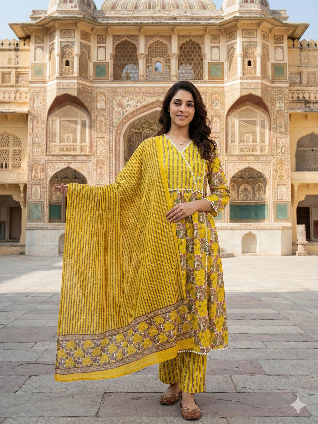 Jaitpuriya Yellow And White Pure Cotton Anarkali Angrakha Kurta Set