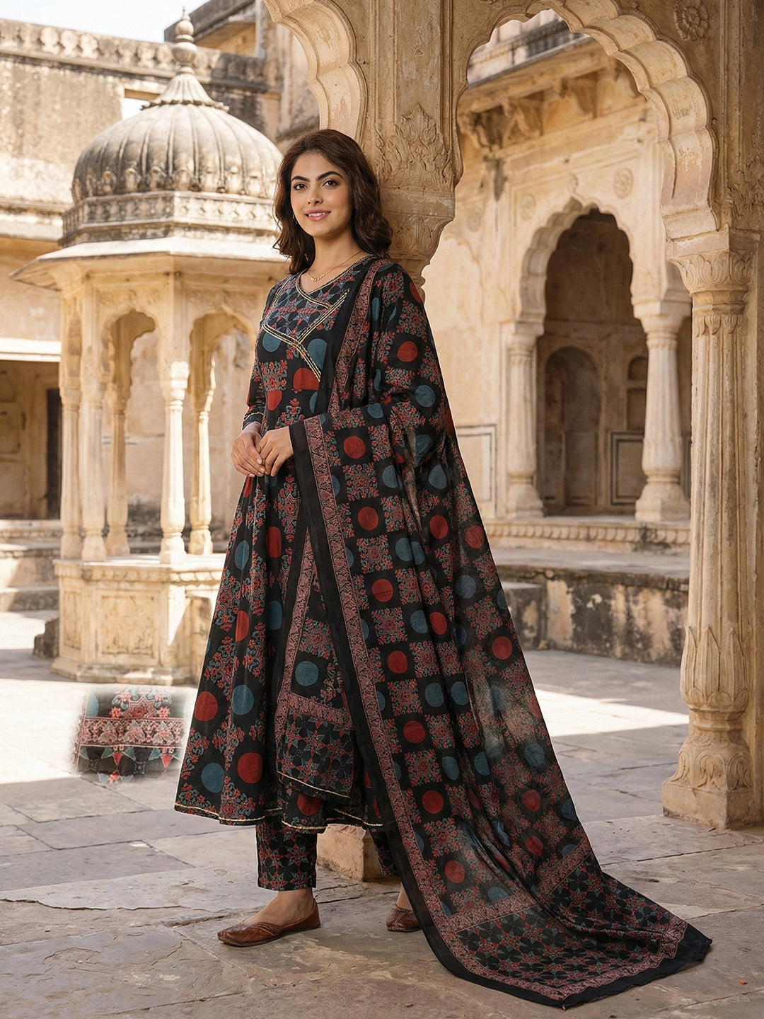 Jaitpuriya Black And Yellow Pure Cotton Anarkali Angrakha Kurta Set