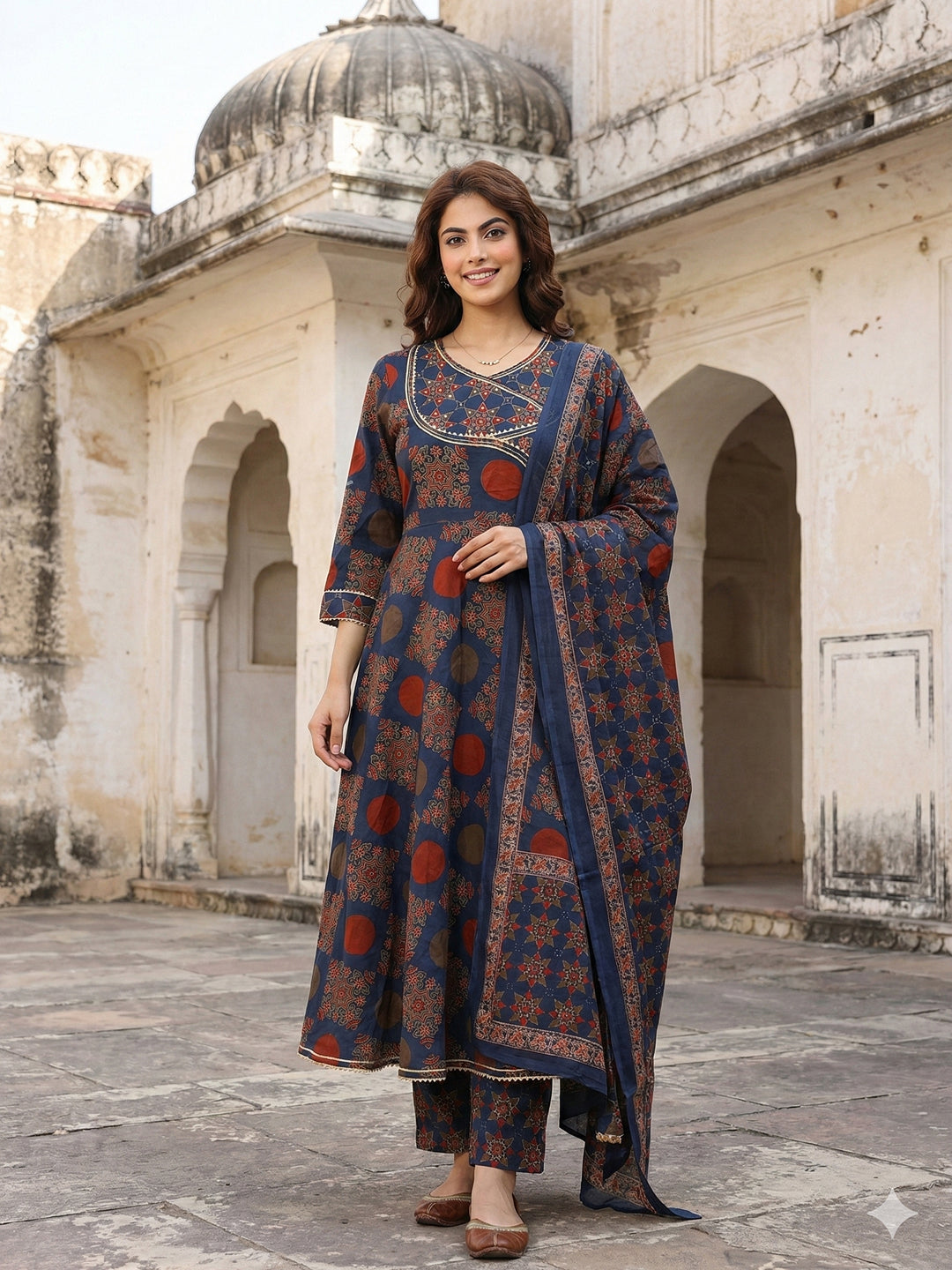 Jaitpuriya Blue And Red Pure Cotton Anarkali Angrakha Kurta Set