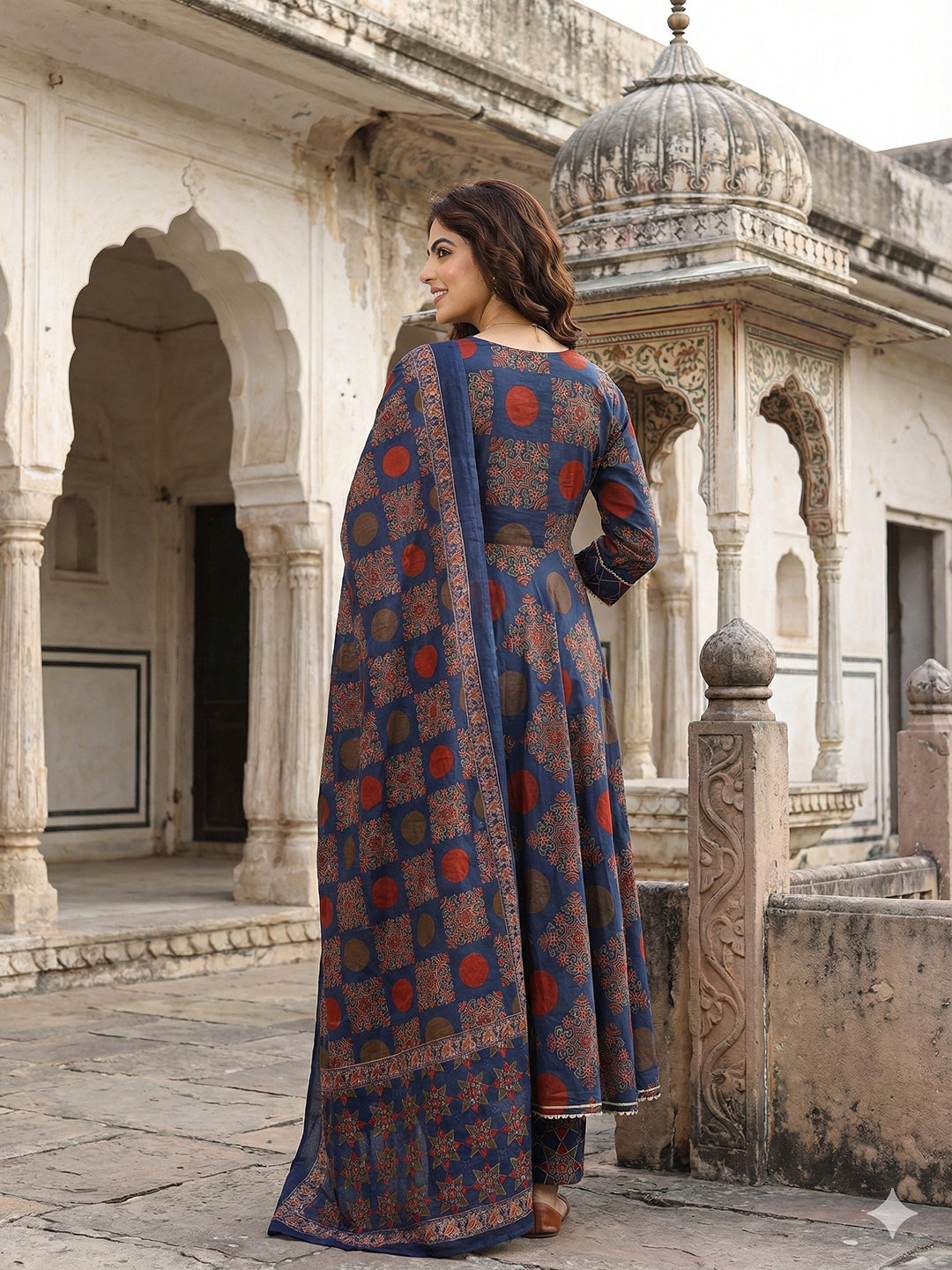 Jaitpuriya Blue And Red Pure Cotton Anarkali Angrakha Kurta Set