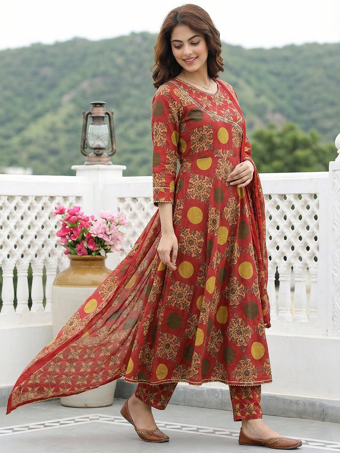 Jaitpuriya Red And Yellow Pure Cotton Anarkali Angrakha Kurta Set