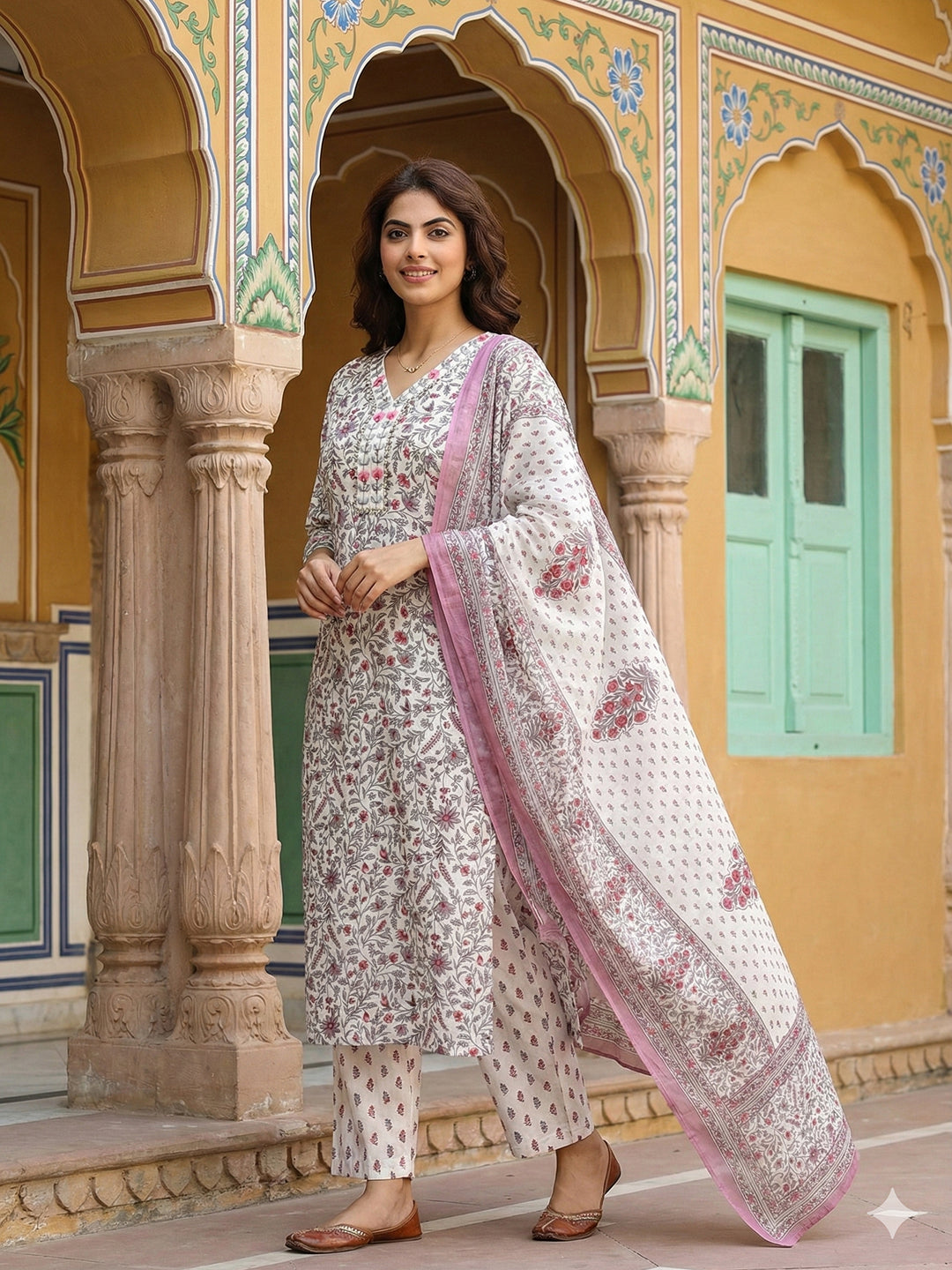 Jaitpuriya Pink And White Pure Cotton Straight Regular Kurta Set