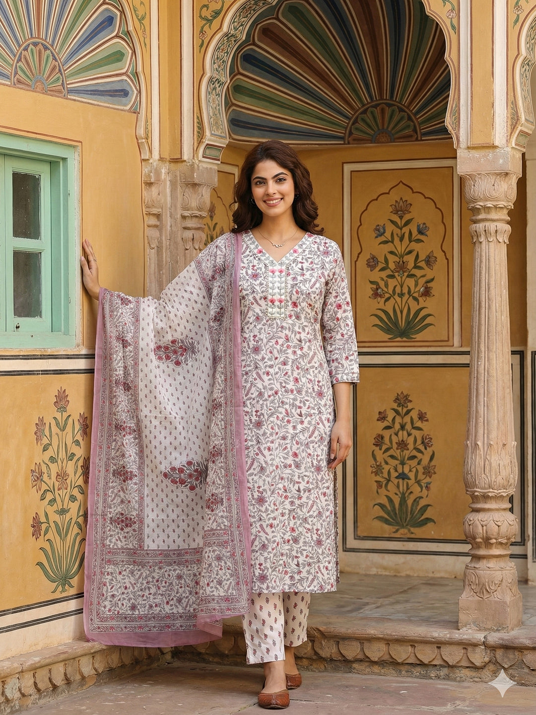 Jaitpuriya Pink And White Pure Cotton Straight Regular Kurta Set