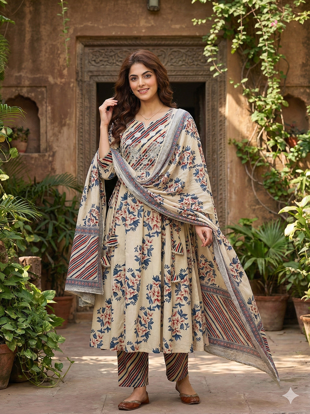 Jaitpuriya Blue And Beige Pure Cotton Anarkali Regular Kurta Set