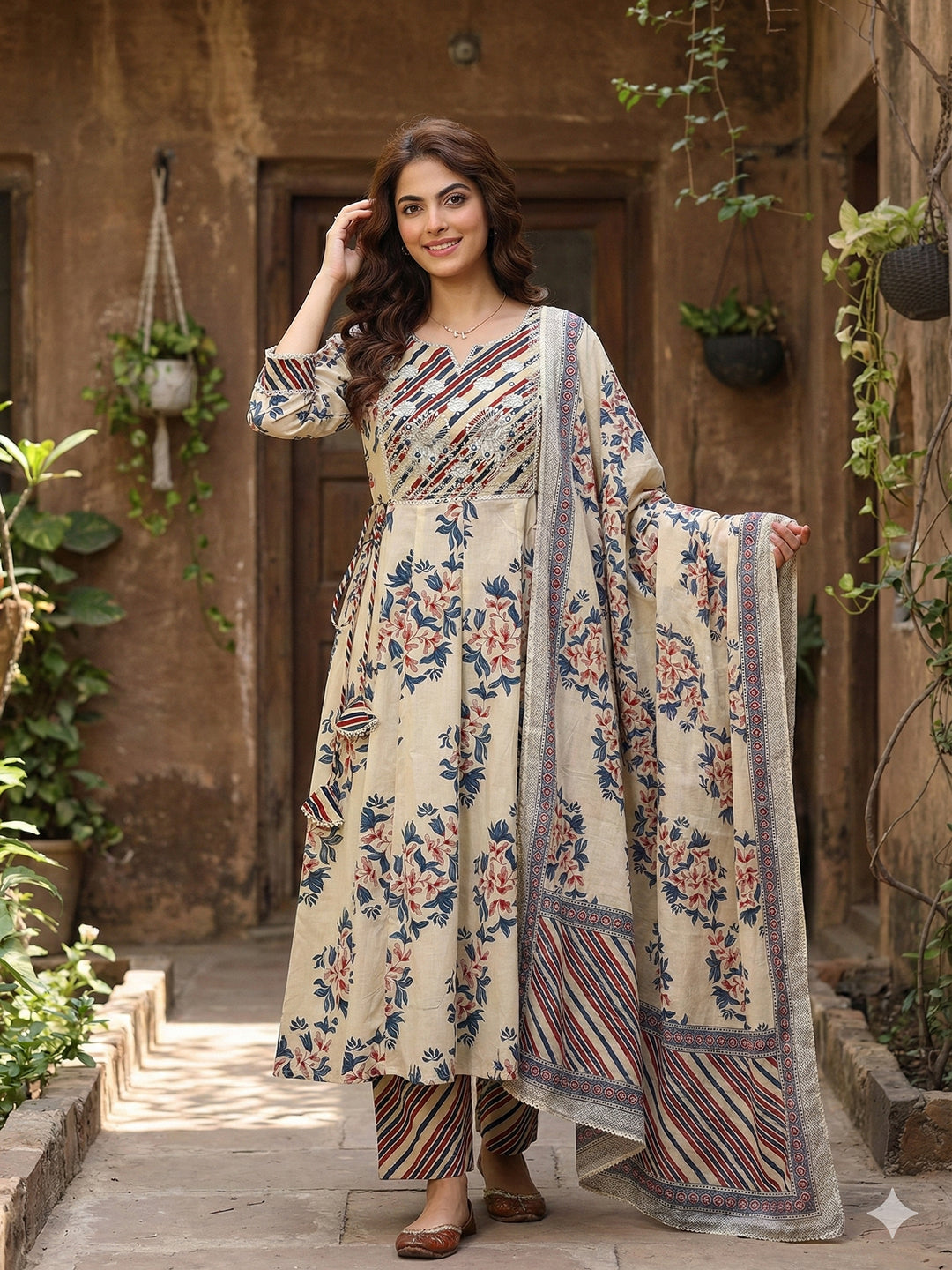 Jaitpuriya Blue And Beige Pure Cotton Anarkali Regular Kurta Set