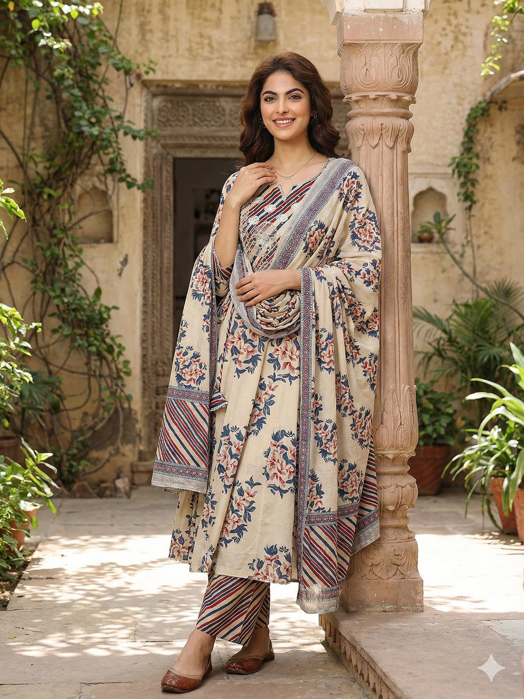 Jaitpuriya Blue And Beige Pure Cotton Anarkali Regular Kurta Set