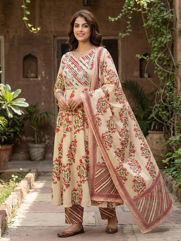 Jaitpuriya Red And Beige Pure Cotton Anarkali Regular Kurta Set