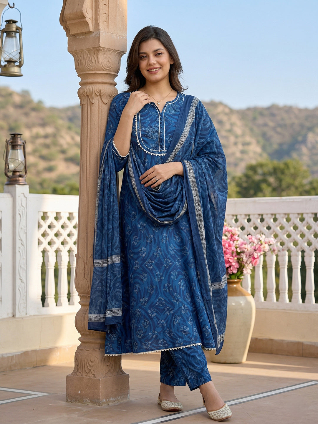 Jaitpuriya Sky Blue Pure Cotton A-line Regular Kurta Set