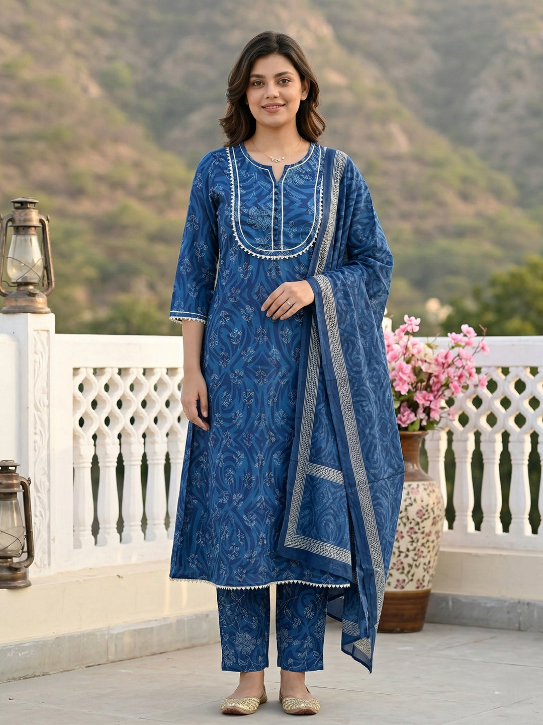 Jaitpuriya Sky Blue Pure Cotton A-line Regular Kurta Set