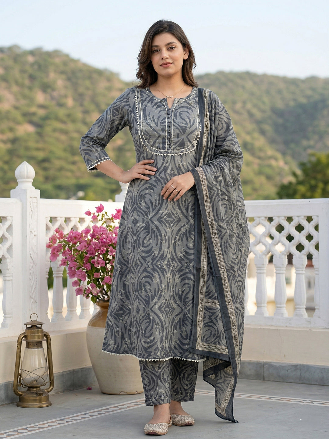 Jaitpuriya Grey Pure Cotton A-line Regular Kurta Set