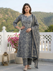 Jaitpuriya Grey Pure Cotton A-line Regular Kurta Set