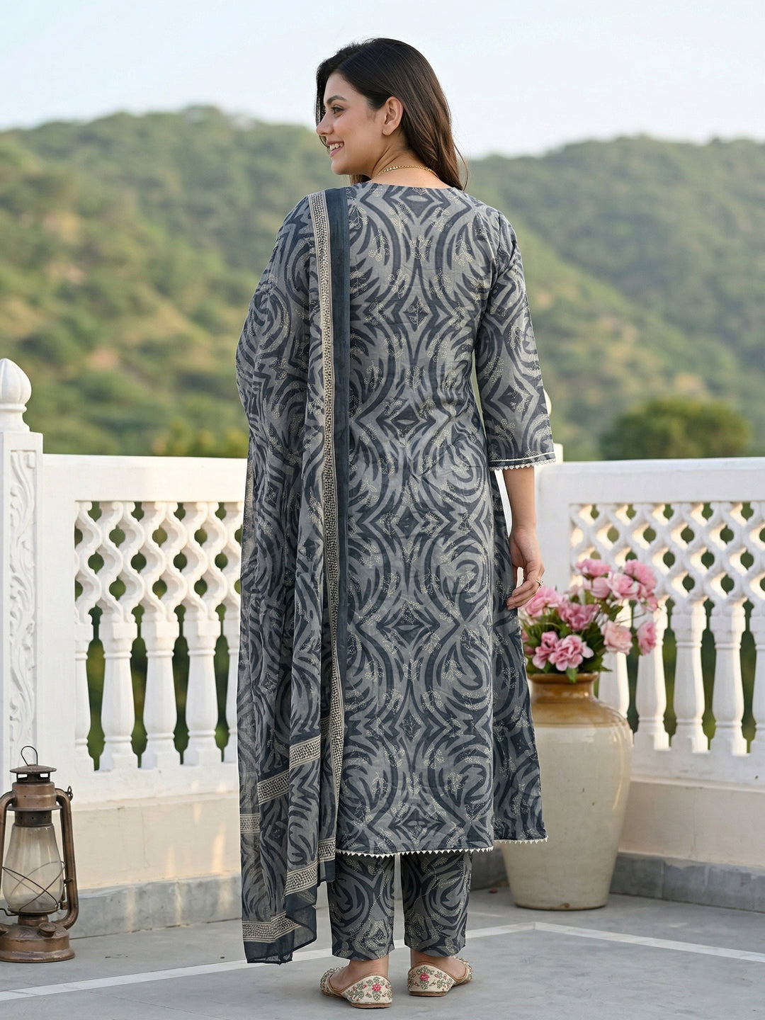 Jaitpuriya Grey Pure Cotton A-line Regular Kurta Set