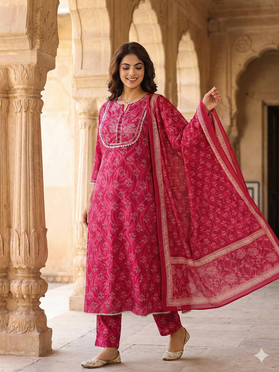 Jaitpuriya Pink Pure Cotton A-line Regular Kurta Set