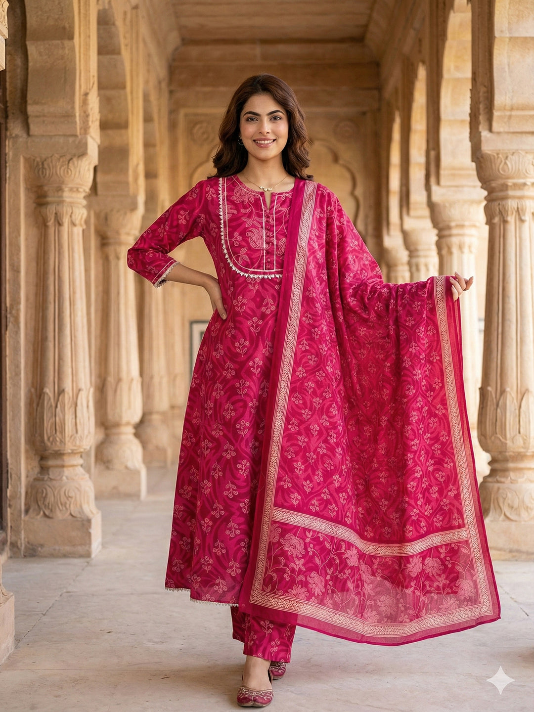 Jaitpuriya Pink Pure Cotton A-line Regular Kurta Set