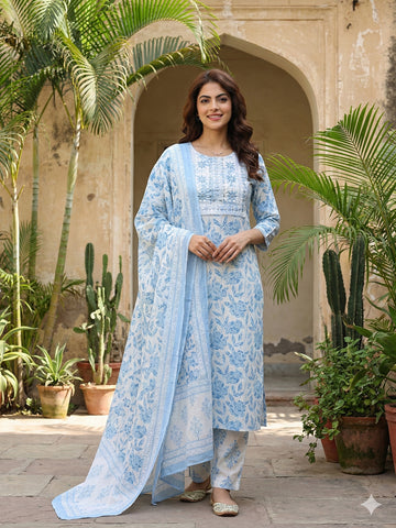 Jaitpuriya Sky Blue And White Pure Cotton Straight Regular Kurta Set