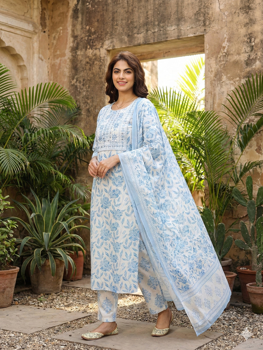 Jaitpuriya Sky Blue And White Pure Cotton Straight Regular Kurta Set